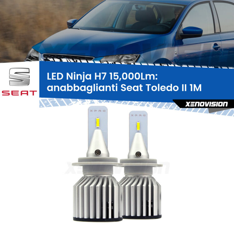 <strong>Kit anabbaglianti LED specifico per Seat Toledo II</strong> 1M 1998 - 2006. Lampade <strong>H7</strong> Canbus da 15.000Lumen di luminosità modello Ninja Xenovision.