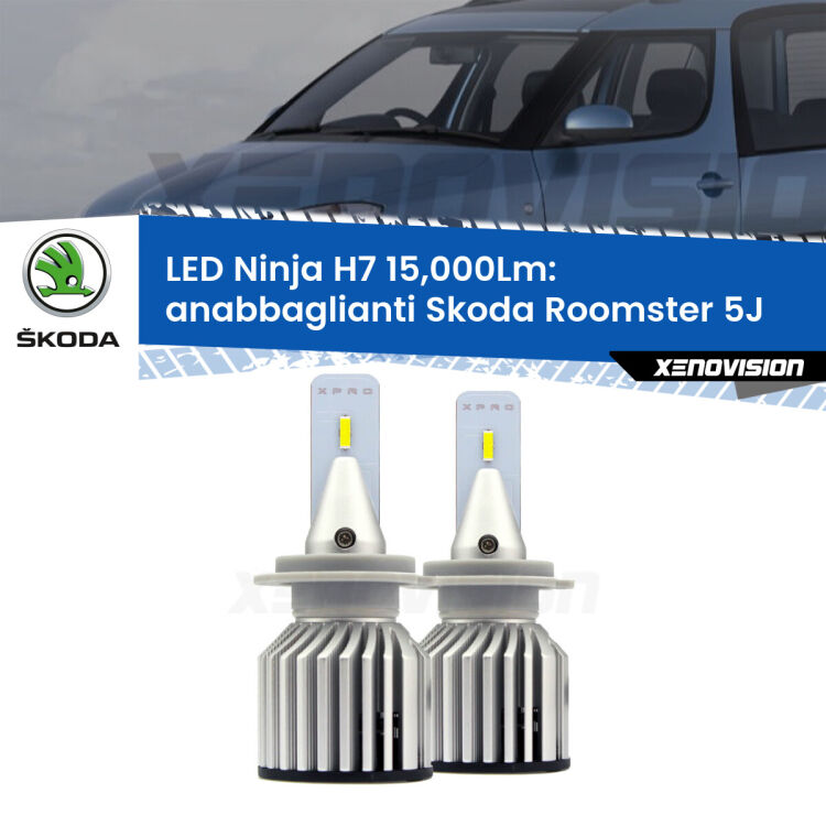 <strong>Kit anabbaglianti LED specifico per Skoda Roomster</strong> 5J fari lenticolari. Lampade <strong>H7</strong> Canbus da 15.000Lumen di luminosità modello Ninja Xenovision.