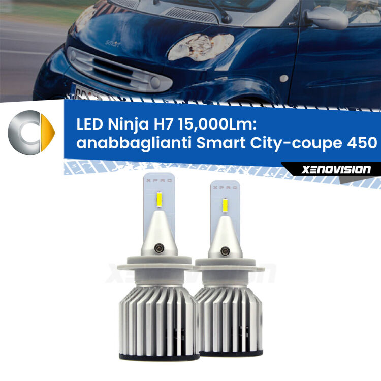 <strong>Kit anabbaglianti LED specifico per Smart City-coupe</strong> 450 restyling. Lampade <strong>H7</strong> Canbus da 15.000Lumen di luminosità modello Ninja Xenovision.
