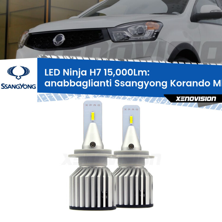 <strong>Kit anabbaglianti LED specifico per Ssangyong Korando</strong> Mk3 2013 - 2019. Lampade <strong>H7</strong> Canbus da 15.000Lumen di luminosità modello Ninja Xenovision.