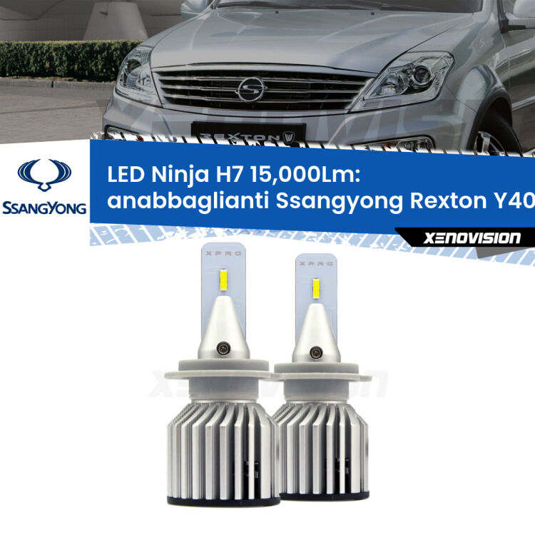 <strong>Kit anabbaglianti LED specifico per Ssangyong Rexton</strong> Y400 2017 in poi. Lampade <strong>H7</strong> Canbus da 15.000Lumen di luminosità modello Ninja Xenovision.