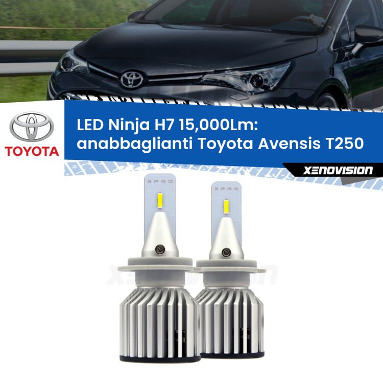 <strong>Kit anabbaglianti LED specifico per Toyota Avensis</strong> T250 2003 - 2008. Lampade <strong>H7</strong> Canbus da 15.000Lumen di luminosità modello Ninja Xenovision.