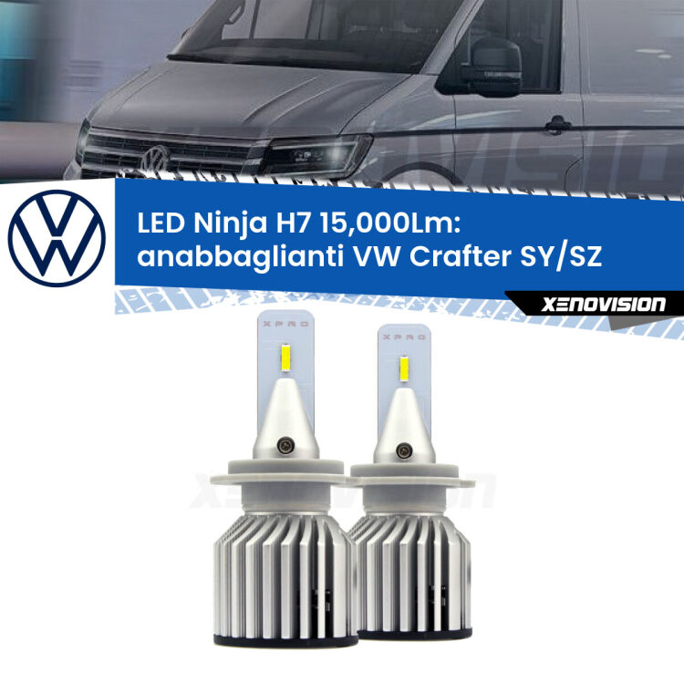 <strong>Kit anabbaglianti LED specifico per VW Crafter</strong> SY/SZ 2016 in poi. Lampade <strong>H7</strong> Canbus da 15.000Lumen di luminosità modello Ninja Xenovision.