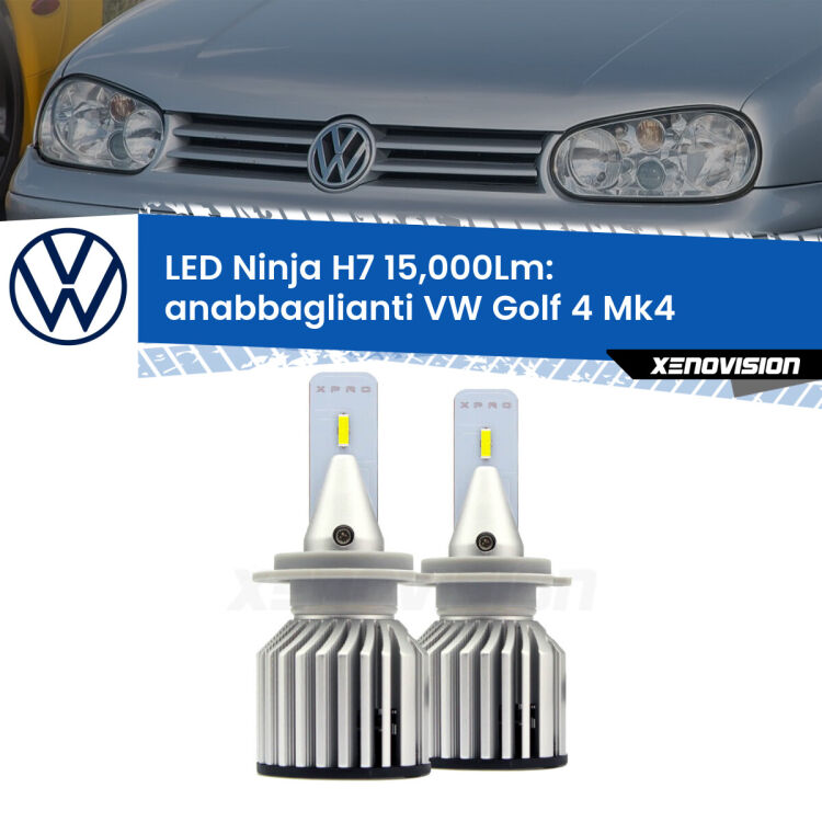 <strong>Kit anabbaglianti LED specifico per VW Golf 4</strong> Mk4 1997 - 2005. Lampade <strong>H7</strong> Canbus da 15.000Lumen di luminosità modello Ninja Xenovision.