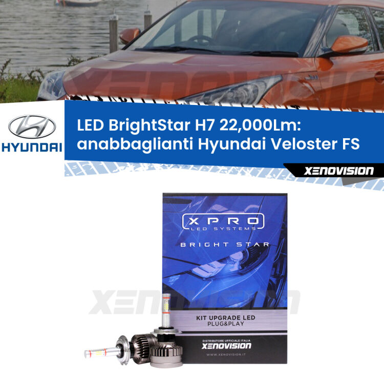 <strong>Kit LED anabbaglianti per Hyundai Veloster</strong> FS 2011 - 2017. </strong>Include due lampade Canbus H7 Brightstar da 24,000 Lumen. Qualità Massima.