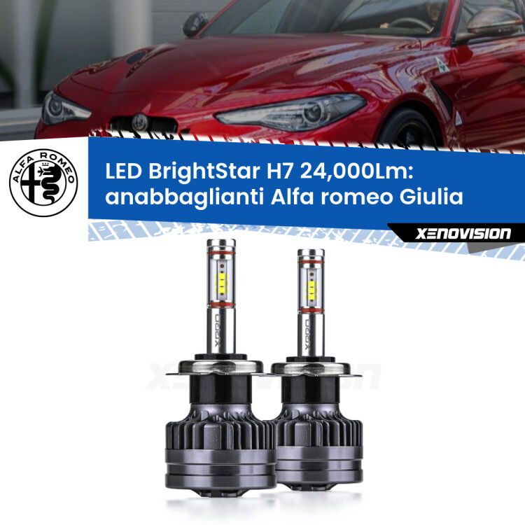 Anabbaglianti LED H7 24,000Lm per Alfa romeo Giulia  2015 in poi <strong>Kit LED anabbaglianti per Alfa romeo Giulia</strong>  2015 in poi. </strong>Include due lampade Canbus H7 Brightstar da 24,000 Lumen. Qualità Massima.