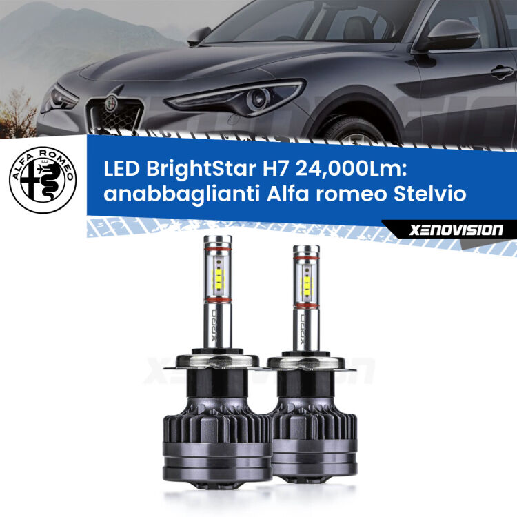 Anabbaglianti LED H7 24,000Lm per Alfa romeo Stelvio  2016 in poi <strong>Kit LED anabbaglianti per Alfa romeo Stelvio</strong>  2016 in poi. </strong>Include due lampade Canbus H7 Brightstar da 24,000 Lumen. Qualità Massima.