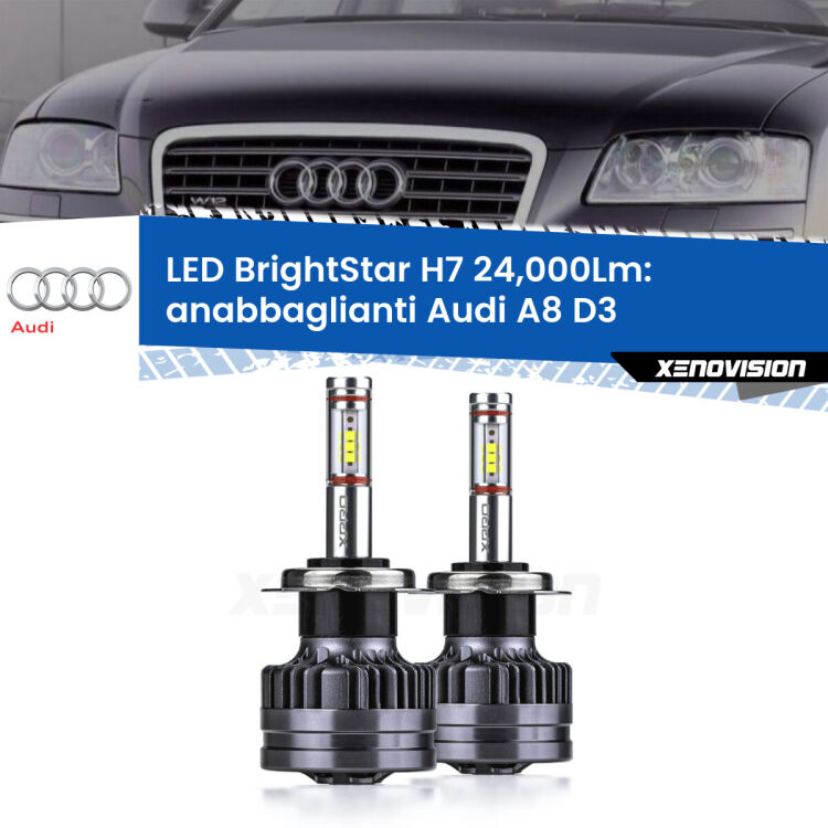 <strong>Kit LED anabbaglianti per Audi A8</strong> D3 2002 - 2009. </strong>Include due lampade Canbus H7 Brightstar da 24,000 Lumen. Qualità Massima.