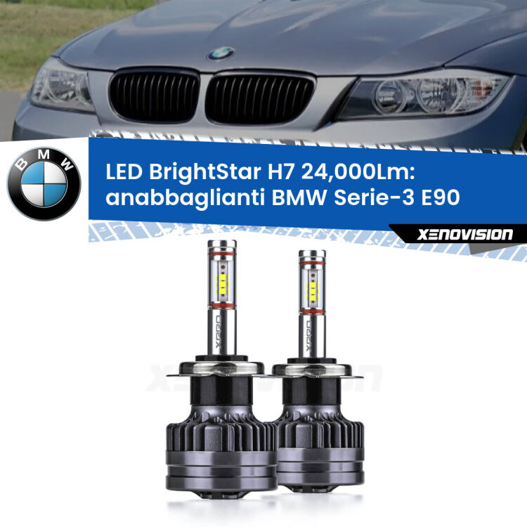 <strong>Kit LED anabbaglianti per BMW Serie-3</strong> E90 2005 - 2011. </strong>Include due lampade Canbus H7 Brightstar da 24,000 Lumen. Qualità Massima.