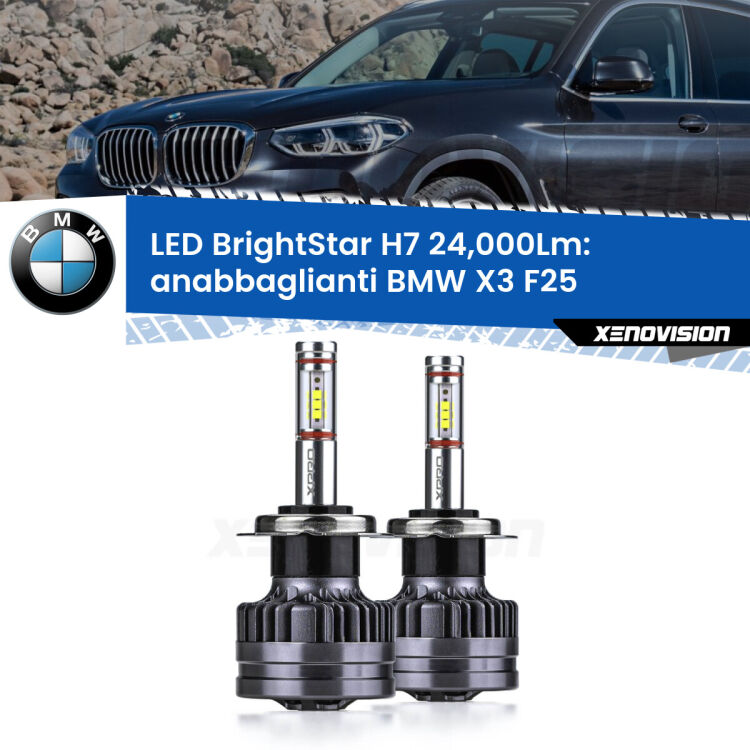 <strong>Kit LED anabbaglianti per BMW X3</strong> F25 2010 - 2016. </strong>Include due lampade Canbus H7 Brightstar da 24,000 Lumen. Qualità Massima.