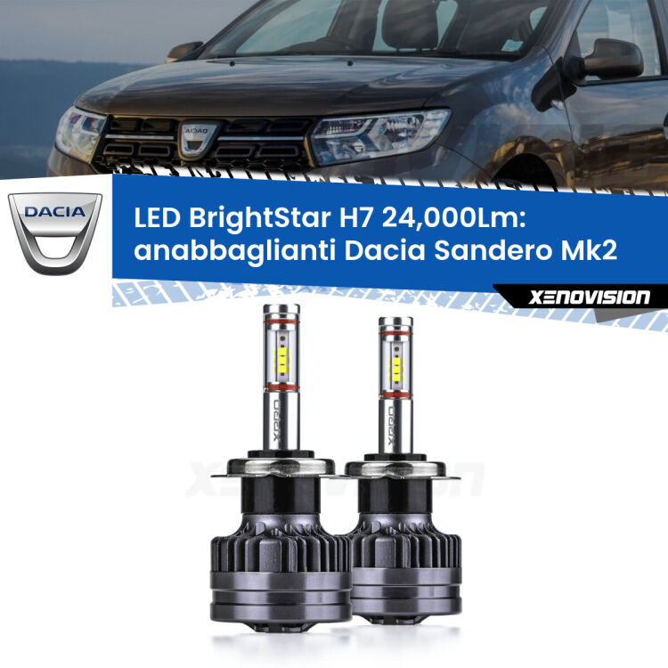 <strong>Kit LED anabbaglianti per Dacia Sandero</strong> Mk2 a parabola doppia. </strong>Include due lampade Canbus H7 Brightstar da 24,000 Lumen. Qualità Massima.