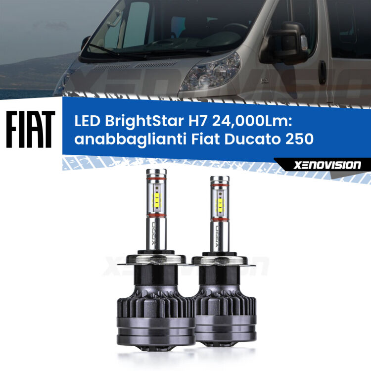 Anabbaglianti LED H7 24,000Lm per Fiat Ducato 250 2006 - 2018 <strong>Kit LED anabbaglianti per Fiat Ducato</strong> 250 2006 - 2018. </strong>Include due lampade Canbus H7 Brightstar da 24,000 Lumen. Qualità Massima.