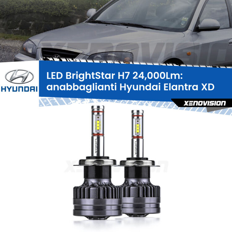 <strong>Kit LED anabbaglianti per Hyundai Elantra</strong> XD 2000 - 2006. </strong>Include due lampade Canbus H7 Brightstar da 24,000 Lumen. Qualità Massima.