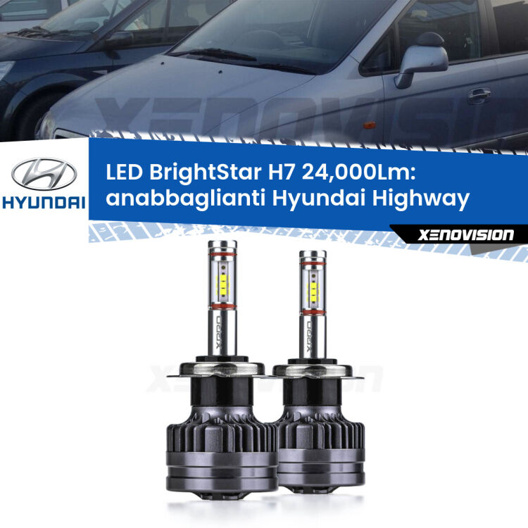 <strong>Kit LED anabbaglianti per Hyundai Highway</strong>  2000 - 2004. </strong>Include due lampade Canbus H7 Brightstar da 24,000 Lumen. Qualità Massima.