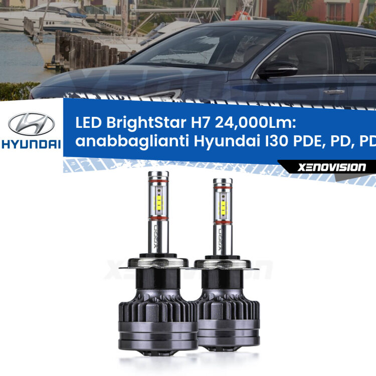 Anabbaglianti LED H7 24,000Lm per Hyundai I30 PDE, PD, PDEN 2016 in poi <strong>Kit LED anabbaglianti per Hyundai I30</strong> PDE, PD, PDEN 2016 in poi. </strong>Include due lampade Canbus H7 Brightstar da 24,000 Lumen. Qualità Massima.
