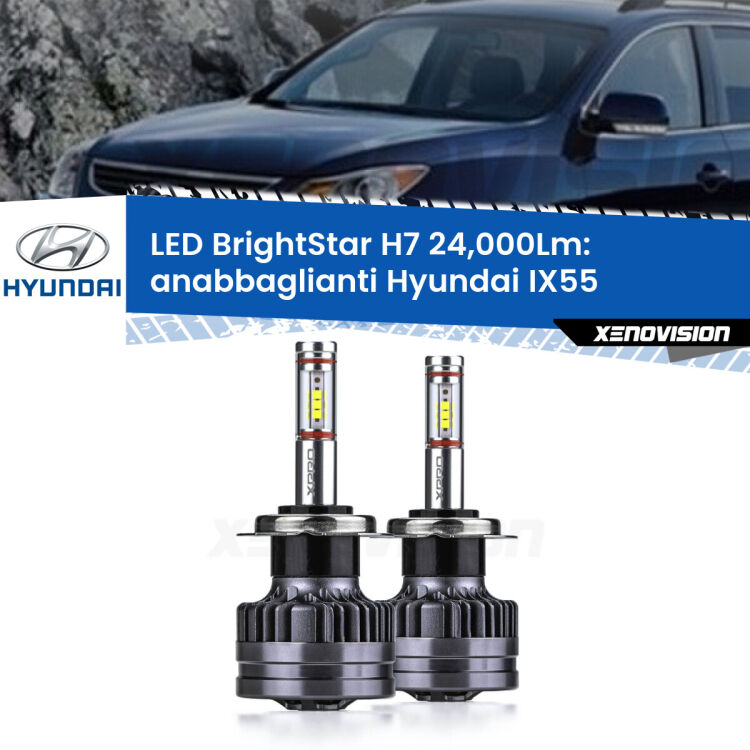 Anabbaglianti LED H7 24,000Lm per Hyundai IX55  2008 - 2012 <strong>Kit LED anabbaglianti per Hyundai IX55</strong>  2008 - 2012. </strong>Include due lampade Canbus H7 Brightstar da 24,000 Lumen. Qualità Massima.