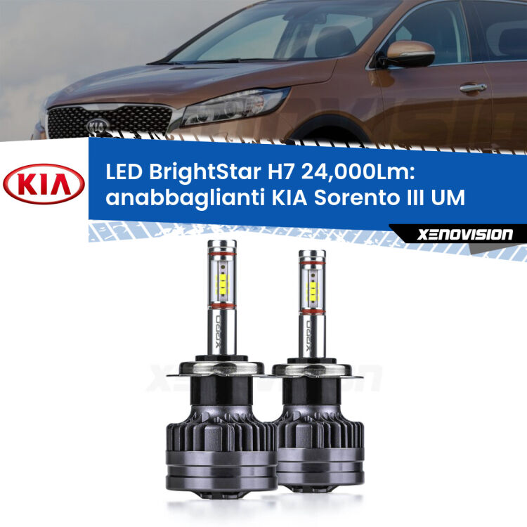 <strong>Kit LED anabbaglianti per KIA Sorento III</strong> UM 2015 in poi. </strong>Include due lampade Canbus H7 Brightstar da 24,000 Lumen. Qualità Massima.