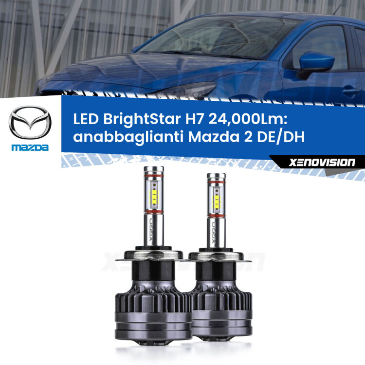 <strong>Kit LED anabbaglianti per Mazda 2</strong> DE/DH a parabola doppia. </strong>Include due lampade Canbus H7 Brightstar da 24,000 Lumen. Qualità Massima.