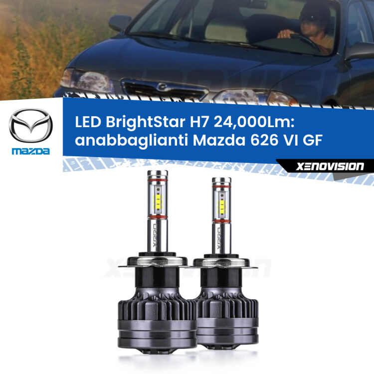 <strong>Kit LED anabbaglianti per Mazda 626 VI</strong> GF 1997 - 2002. </strong>Include due lampade Canbus H7 Brightstar da 24,000 Lumen. Qualità Massima.
