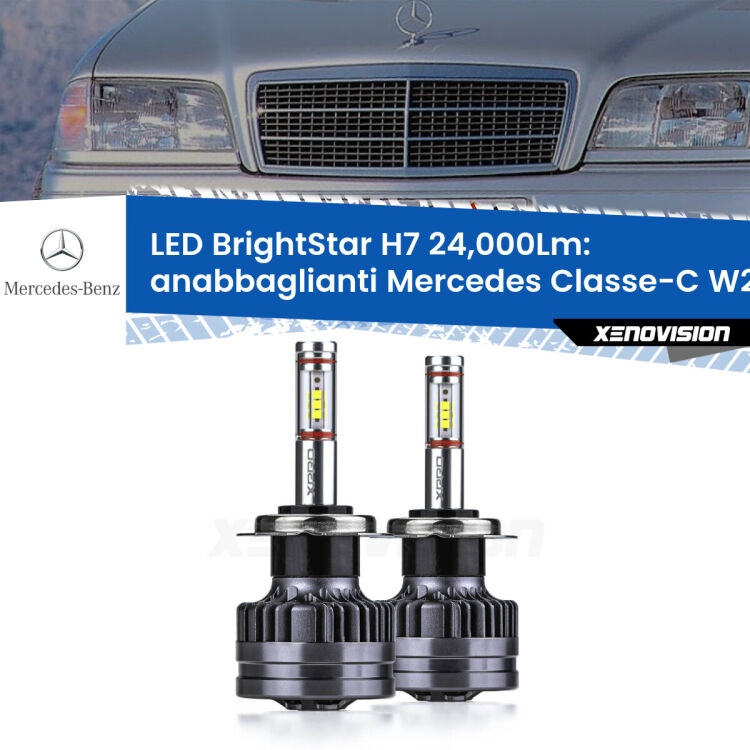 Anabbaglianti LED H7 24,000Lm per Mercedes Classe-C W202 1996 - 2000 <strong>Kit LED anabbaglianti per Mercedes Classe-C</strong> W202 1996 - 2000. </strong>Include due lampade Canbus H7 Brightstar da 24,000 Lumen. Qualità Massima.