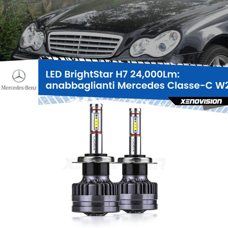 Anabbaglianti LED H7 24,000Lm per Mercedes Classe-C W203 2000 - 2007 <strong>Kit LED anabbaglianti per Mercedes Classe-C</strong> W203 2000 - 2007. </strong>Include due lampade Canbus H7 Brightstar da 24,000 Lumen. Qualità Massima.