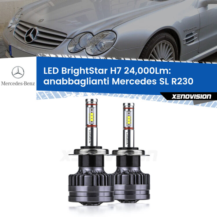 Anabbaglianti LED H7 24,000Lm per Mercedes SL R230 2001 - 2012 <strong>Kit LED anabbaglianti per Mercedes SL</strong> R230 2001 - 2012. </strong>Include due lampade Canbus H7 Brightstar da 24,000 Lumen. Qualità Massima.