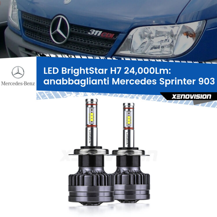 Anabbaglianti LED H7 24,000Lm per Mercedes Sprinter 903 2000 - 2006 <strong>Kit LED anabbaglianti per Mercedes Sprinter</strong> 903 2000 - 2006. </strong>Include due lampade Canbus H7 Brightstar da 24,000 Lumen. Qualità Massima.