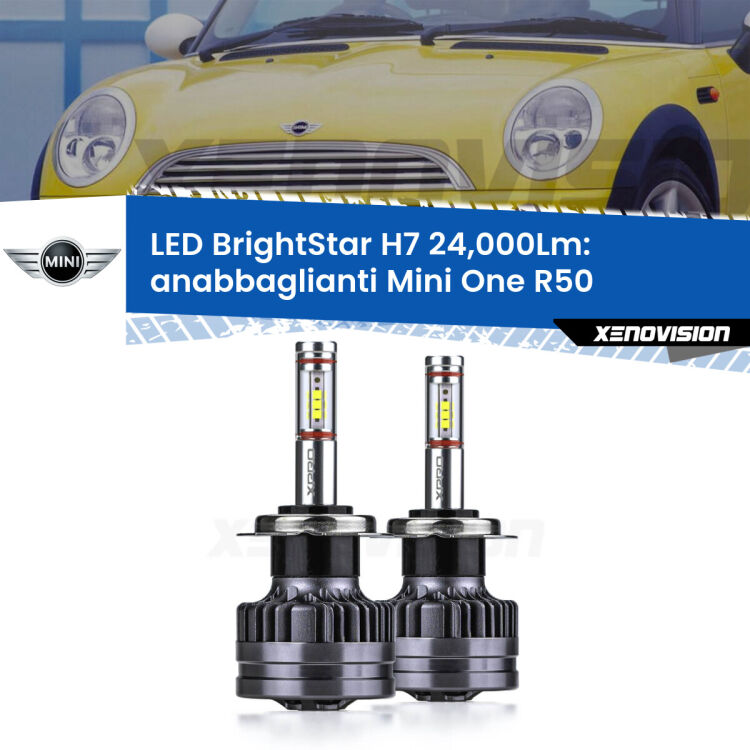 <strong>Kit LED anabbaglianti per Mini One</strong> R50 2001 - 2006. </strong>Include due lampade Canbus H7 Brightstar da 24,000 Lumen. Qualità Massima.
