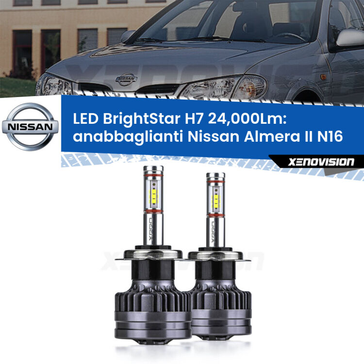 <strong>Kit LED anabbaglianti per Nissan Almera II</strong> N16 2000 - 2006. </strong>Include due lampade Canbus H7 Brightstar da 24,000 Lumen. Qualità Massima.