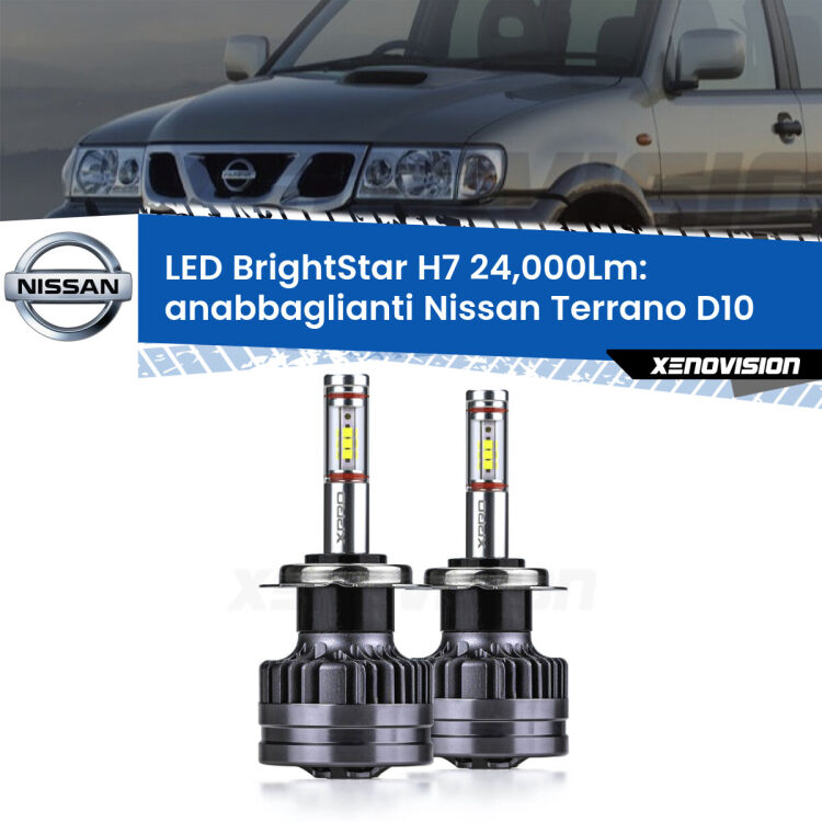 <strong>Kit LED anabbaglianti per Nissan Terrano</strong> D10 2013 in poi. </strong>Include due lampade Canbus H7 Brightstar da 24,000 Lumen. Qualità Massima.