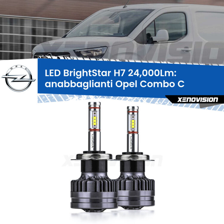 <strong>Kit LED anabbaglianti per Opel Combo C</strong>  2001 - 2011. </strong>Include due lampade Canbus H7 Brightstar da 24,000 Lumen. Qualità Massima.