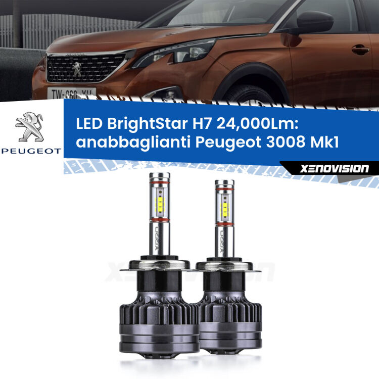 <strong>Kit LED anabbaglianti per Peugeot 3008</strong> Mk1 fari a parabola. </strong>Include due lampade Canbus H7 Brightstar da 24,000 Lumen. Qualità Massima.