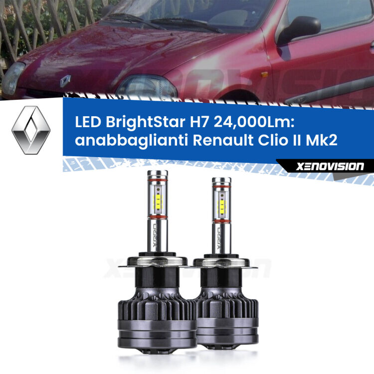 Anabbaglianti LED H7 24,000Lm per Renault Clio II Mk2 a parabola doppia <strong>Kit LED anabbaglianti per Renault Clio II</strong> Mk2 a parabola doppia. </strong>Include due lampade Canbus H7 Brightstar da 24,000 Lumen. Qualità Massima.