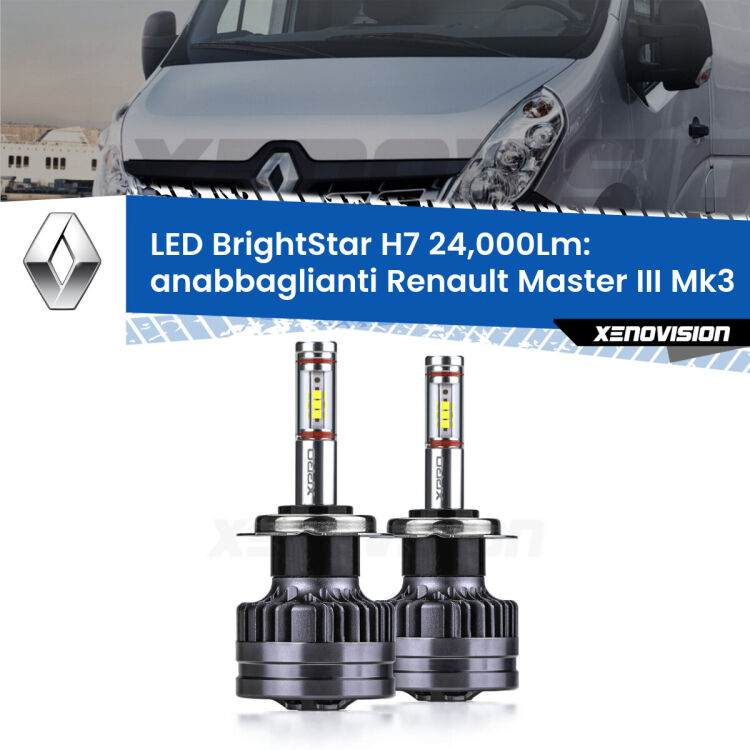 Anabbaglianti LED H7 24,000Lm per Renault Master III Mk3 2010 in poi <strong>Kit LED anabbaglianti per Renault Master III</strong> Mk3 2010 in poi. </strong>Include due lampade Canbus H7 Brightstar da 24,000 Lumen. Qualità Massima.