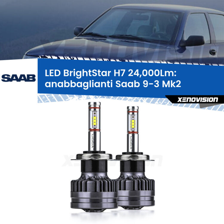 <strong>Kit LED anabbaglianti per Saab 9-3</strong> Mk2 2003 - 2015. </strong>Include due lampade Canbus H7 Brightstar da 24,000 Lumen. Qualità Massima.