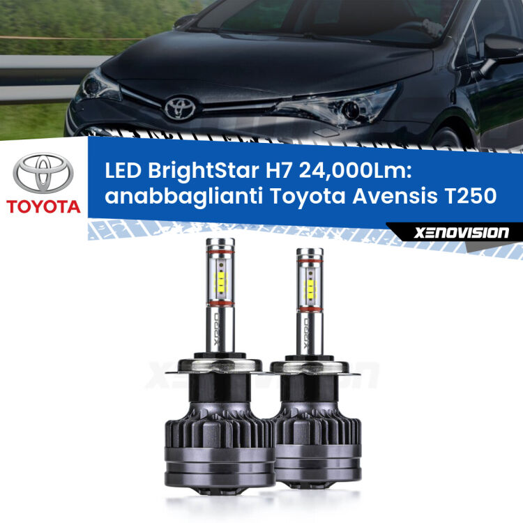<strong>Kit LED anabbaglianti per Toyota Avensis</strong> T250 2003 - 2008. </strong>Include due lampade Canbus H7 Brightstar da 24,000 Lumen. Qualità Massima.