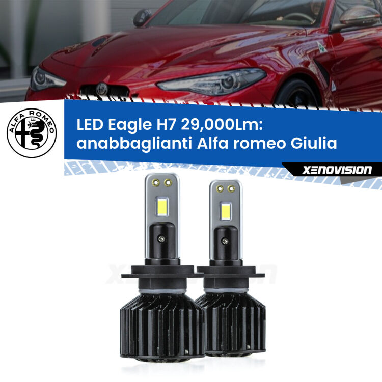 <strong>Kit anabbaglianti LED specifico per Alfa romeo Giulia</strong>  2015 in poi. Lampade <strong>H7</strong> Canbus da 29.000Lumen di luminosità modello Eagle Xenovision.