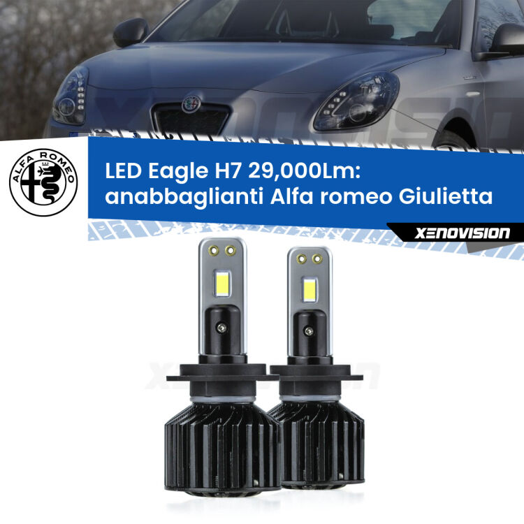 <strong>Kit anabbaglianti LED specifico per Alfa romeo Giulietta</strong>  2010 in poi. Lampade <strong>H7</strong> Canbus da 29.000Lumen di luminosità modello Eagle Xenovision.