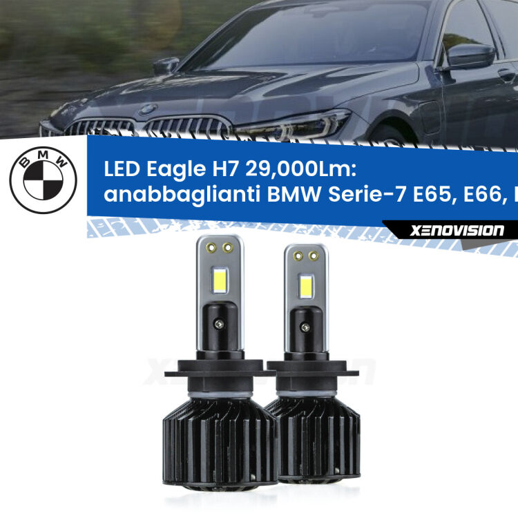 Anabbaglianti LED H7 29,000Lm per BMW Serie-7 E65, E66, E67 2001 - 2008 <strong>Kit anabbaglianti LED specifico per BMW Serie-7</strong> E65, E66, E67 2001 - 2008. Lampade <strong>H7</strong> Canbus da 29.000Lumen di luminosità modello Eagle Xenovision.