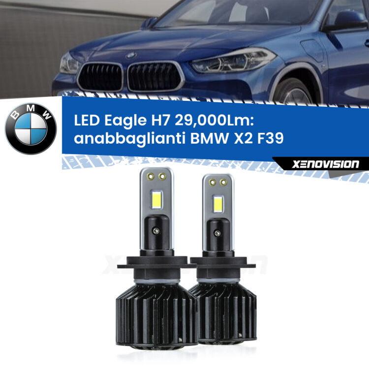 <strong>Kit anabbaglianti LED specifico per BMW X2</strong> F39 2017 in poi. Lampade <strong>H7</strong> Canbus da 29.000Lumen di luminosità modello Eagle Xenovision.