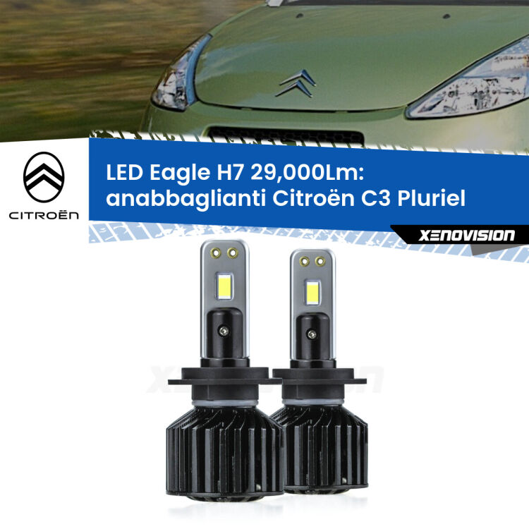 Anabbaglianti LED H7 29,000Lm per Citroën C3 Pluriel  2003 - 2010 <strong>Kit anabbaglianti LED specifico per Citroën C3 Pluriel</strong>  2003 - 2010. Lampade <strong>H7</strong> Canbus da 29.000Lumen di luminosità modello Eagle Xenovision.