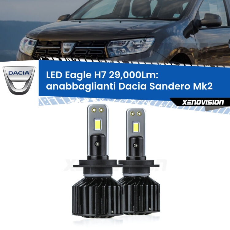 <strong>Kit anabbaglianti LED specifico per Dacia Sandero</strong> Mk2 a parabola doppia. Lampade <strong>H7</strong> Canbus da 29.000Lumen di luminosità modello Eagle Xenovision.