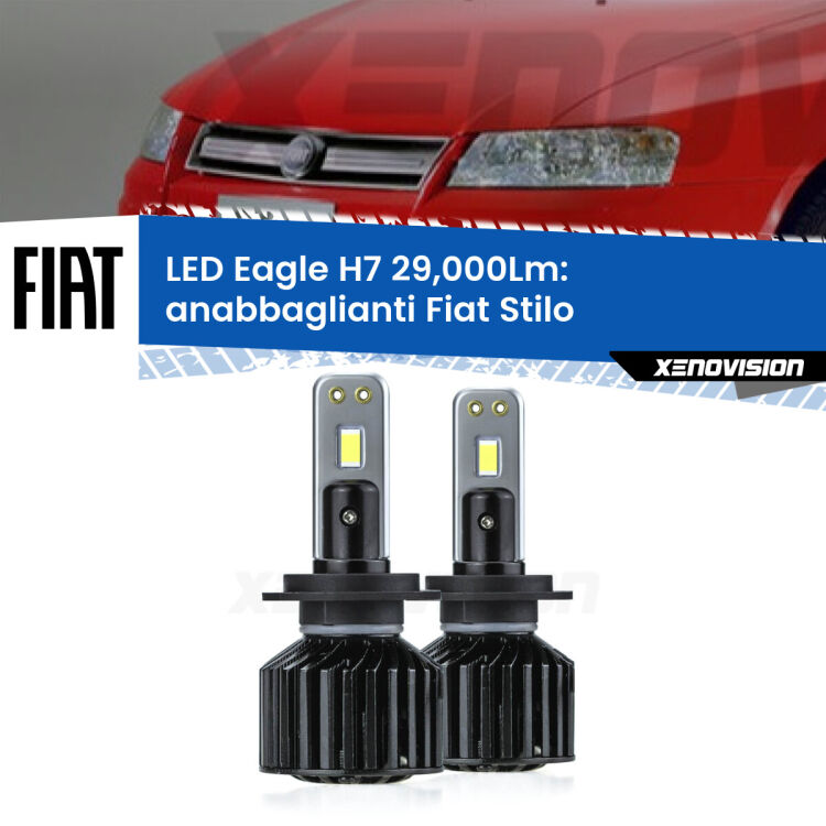 0 Anabbaglianti LED H7 29,000Lm per Fiat Stilo 2001 - 2006 <strong>Kit anabbaglianti LED specifico per Fiat Stilo</strong> 2001 - 2006. Lampade <strong>H7</strong> Canbus da 29.000Lumen di luminosità modello Eagle Xenovision.