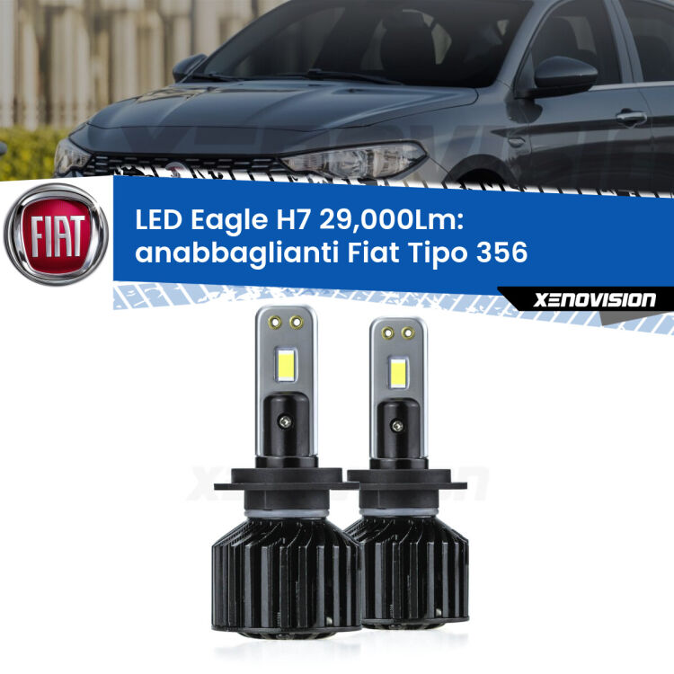 <strong>Kit anabbaglianti LED specifico per Fiat Tipo</strong> 356 fari a parabola. Lampade <strong>H7</strong> Canbus da 29.000Lumen di luminosità modello Eagle Xenovision.