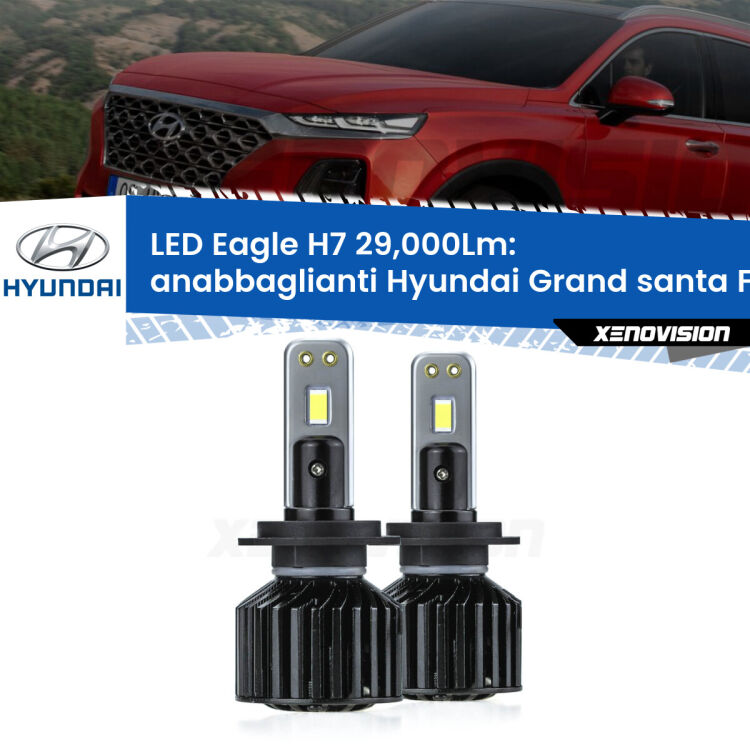 <strong>Kit anabbaglianti LED specifico per Hyundai Grand santa FÉ</strong>  2013 in poi. Lampade <strong>H7</strong> Canbus da 29.000Lumen di luminosità modello Eagle Xenovision.
