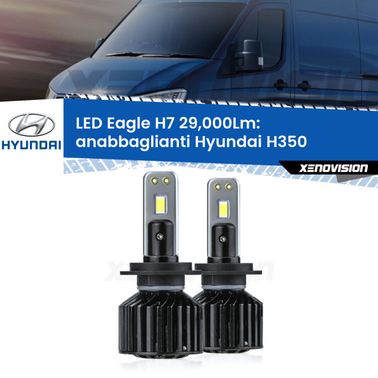 <strong>Kit anabbaglianti LED specifico per Hyundai H350</strong>  2015 in poi. Lampade <strong>H7</strong> Canbus da 29.000Lumen di luminosità modello Eagle Xenovision.
