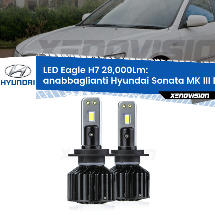 <strong>Kit anabbaglianti LED specifico per Hyundai Sonata MK III</strong> EF 1998 - 2004. Lampade <strong>H7</strong> Canbus da 29.000Lumen di luminosità modello Eagle Xenovision.