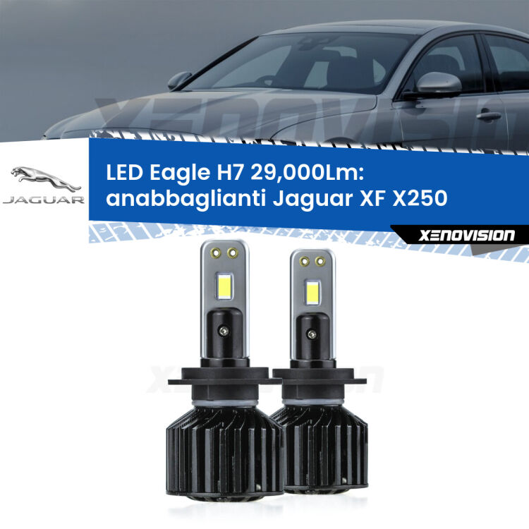 <strong>Kit anabbaglianti LED specifico per Jaguar XF</strong> X250 2007 - 2015. Lampade <strong>H7</strong> Canbus da 29.000Lumen di luminosità modello Eagle Xenovision.