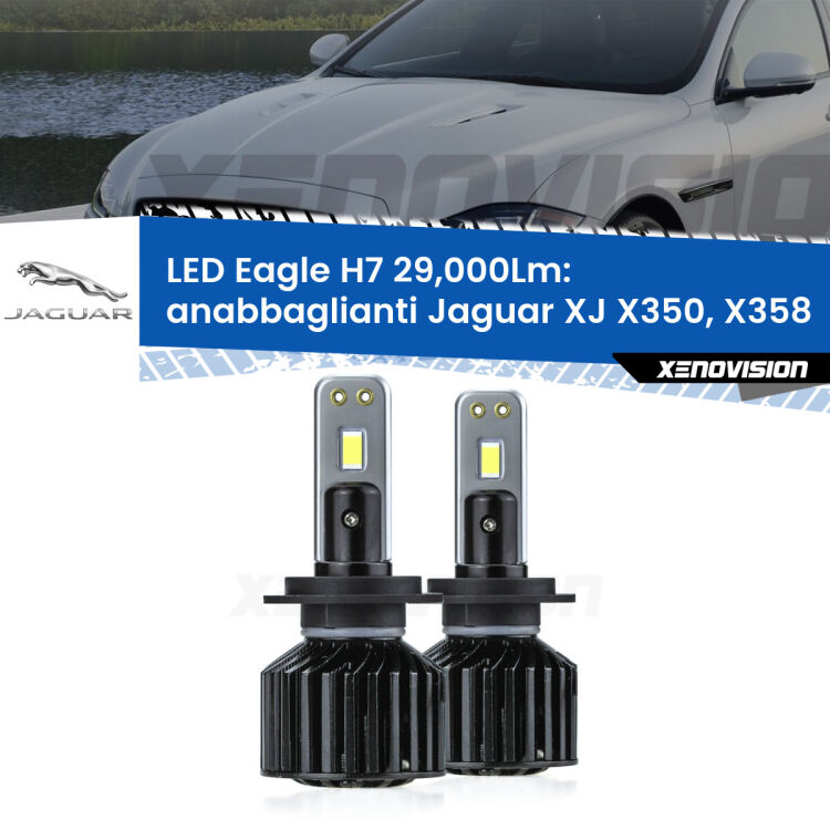 <strong>Kit anabbaglianti LED specifico per Jaguar XJ</strong> X350, X358 2003 - 2009. Lampade <strong>H7</strong> Canbus da 29.000Lumen di luminosità modello Eagle Xenovision.