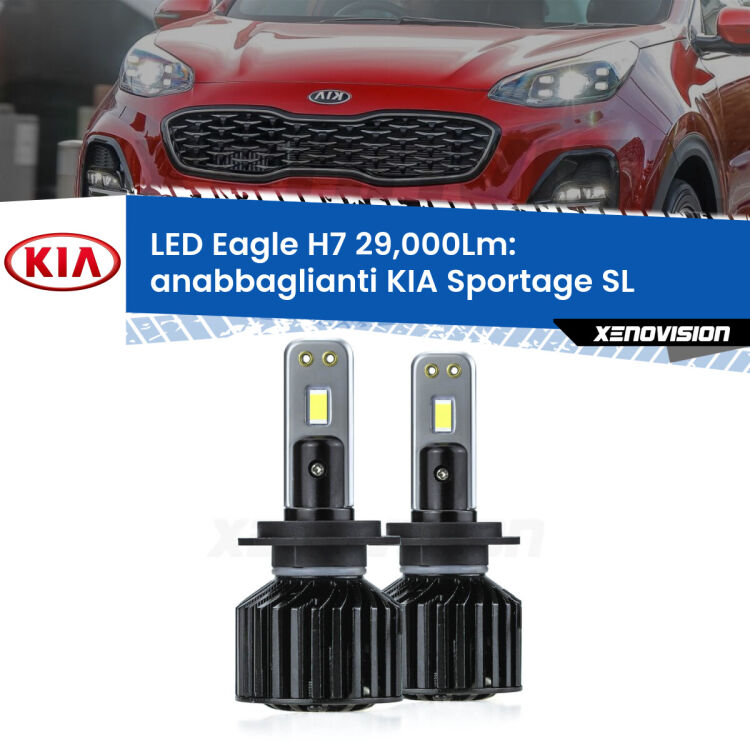 Anabbaglianti LED H7 29,000Lm per KIA Sportage SL 2010 - 2014 <strong>Kit anabbaglianti LED specifico per KIA Sportage</strong> SL 2010 - 2014. Lampade <strong>H7</strong> Canbus da 29.000Lumen di luminosità modello Eagle Xenovision.